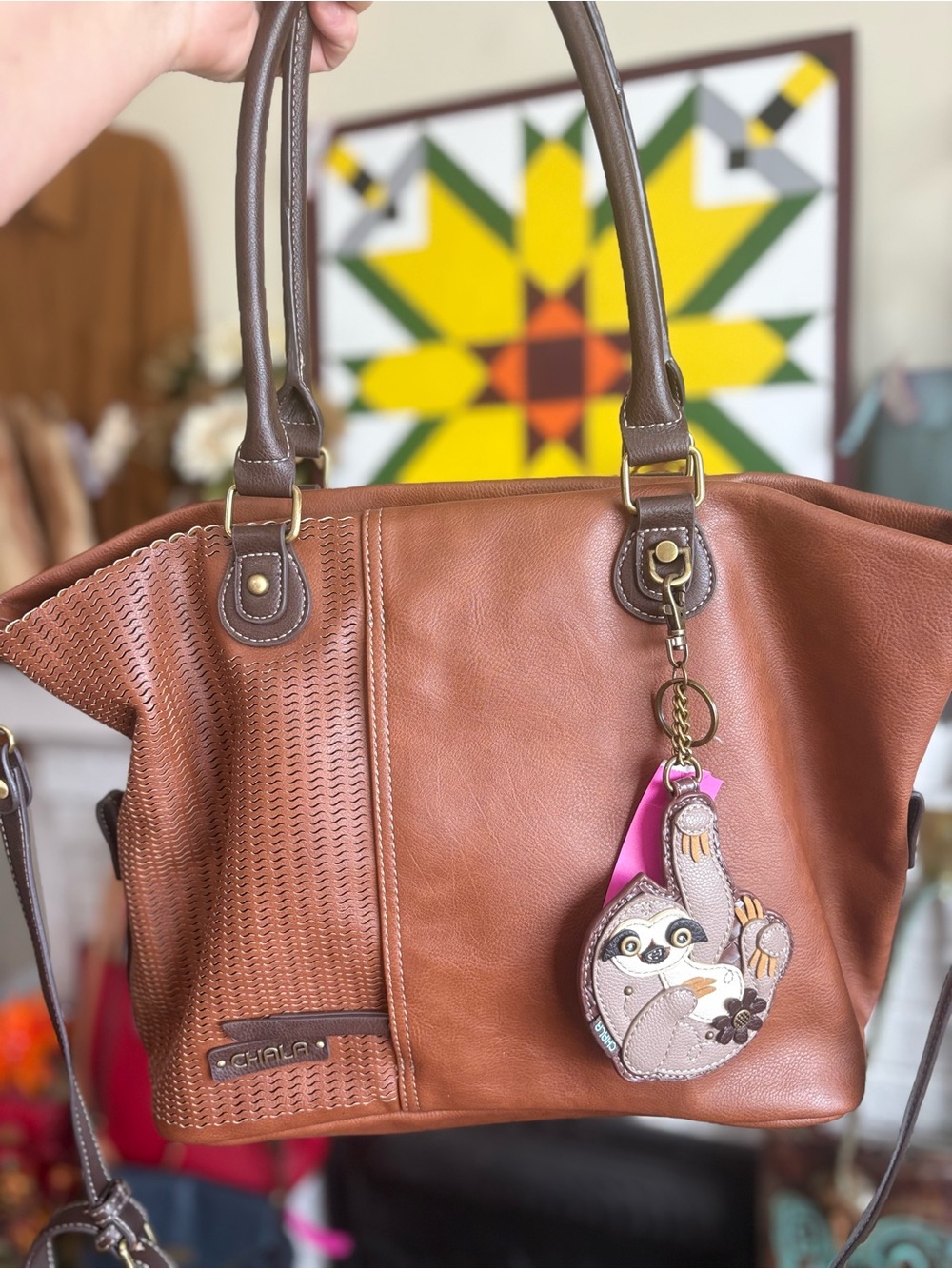 Chala Brown and Dark Brown Faux Leather Shoulder Bag with Sloth Charm